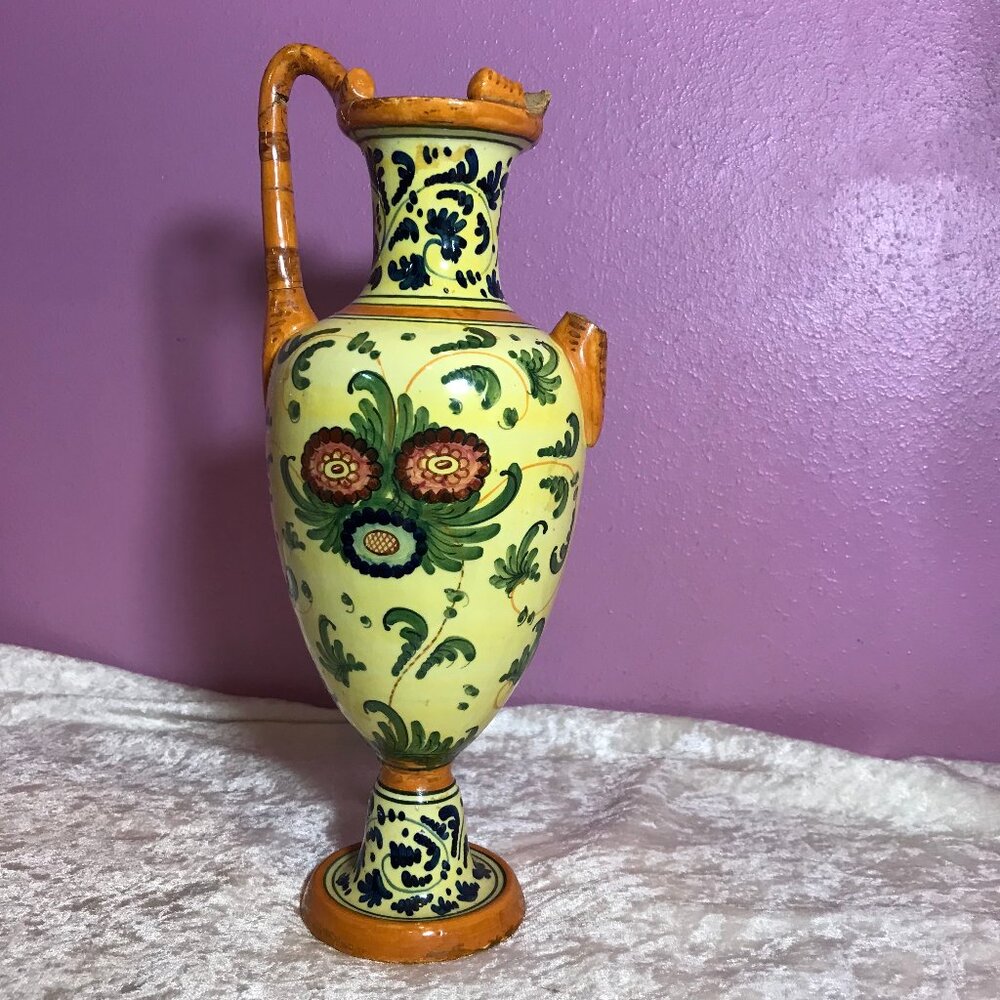 Vintage Italian Vase Yellow Hand-Painted Broken Needs Repair 53 Italy Home Decor